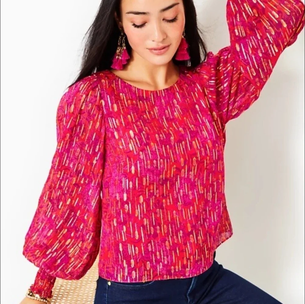 Lilly Pulitzer Alfreda Long Sleeve Blouse Red Purple Size 16